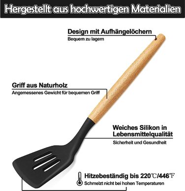 Силіконові кухонні гаджети Homikit, набір кухонного приладдя з дерев'яною ручкою, набір посуду з антипригарним покриттям і тримачем для посуду, Кухонне начиння, більш термостійка, легко миється, (Чорний, 15)