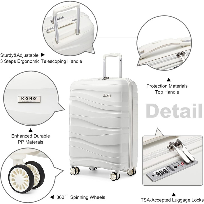 Валіза-тележка KONO, велика, легка, з жорстким корпусом, TSA-замок, 4 колеса (біла, XL)