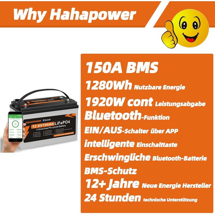 Акумулятор Hahapower 12.8V 100Ah Bluetooth LiFePO4, розумне живлення, захист від холоду, 15000 циклів, 150A BMS, для автофургонів, сонячна батарея