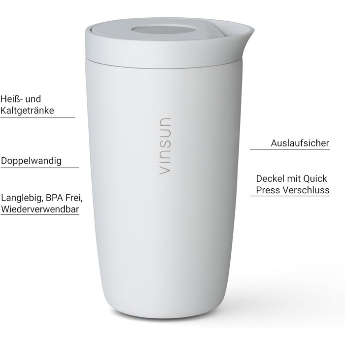 Термокружка VINSUN 350 мл з нержавіючої сталі, подвійні стінки, Quick Press, для кави та інших напоїв
