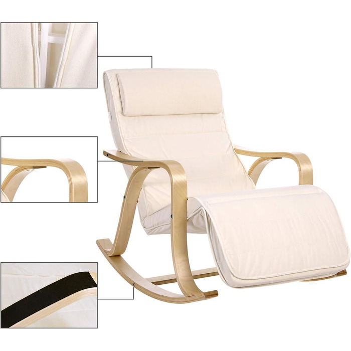 Крісло-гойдалка SONGMICS з берези, бежеве, з регульованою підставкою для ніг, бавовняний чохол, до 150 кг