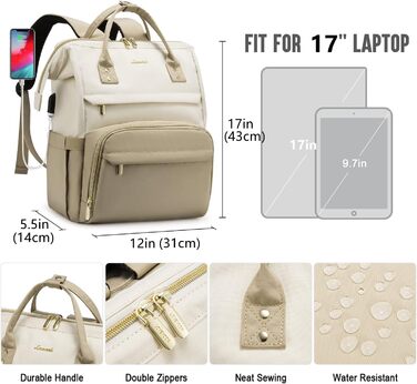 Рюкзак для ноутбука LOVEVOOK для жінок, великий шкільний рюкзак для підлітків, рюкзак ручної поклажі, водонепроникний дизайн, дихаючі плечові ремені, для університету, школи та подорожей, бежево-сірий (17 дюймів, B- Beige Khaki)