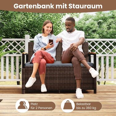 Лавка садова Costway з ротангу Polyrattan, з ящиком для зберігання, 2-місна, сіра (120x61x84 см) для балкона, тераси, саду з подушками
