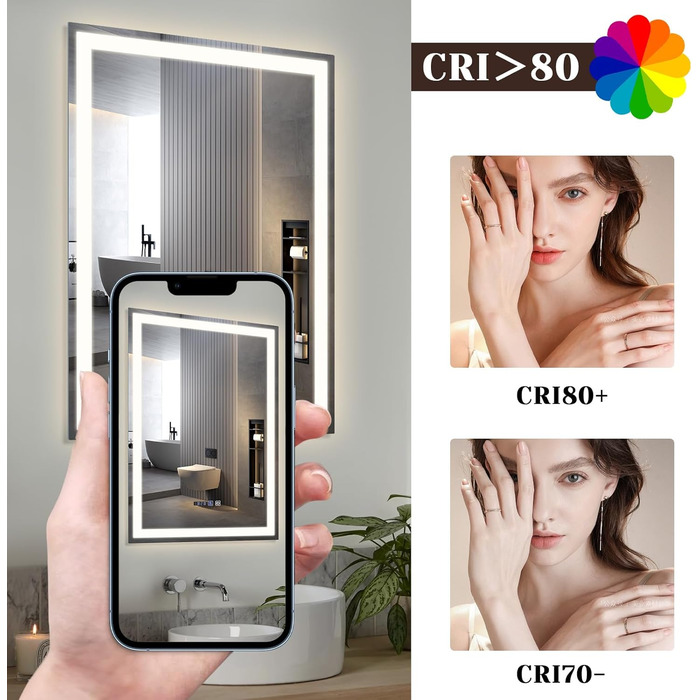 Дзеркало для ванної кімнати Mursche з підсвічуванням LED, 50x70 см, IP44, сенсорний вимикач, годинник, протитуманна функція, регулювання яскравості, 3000K-6500K, прямокутна форма