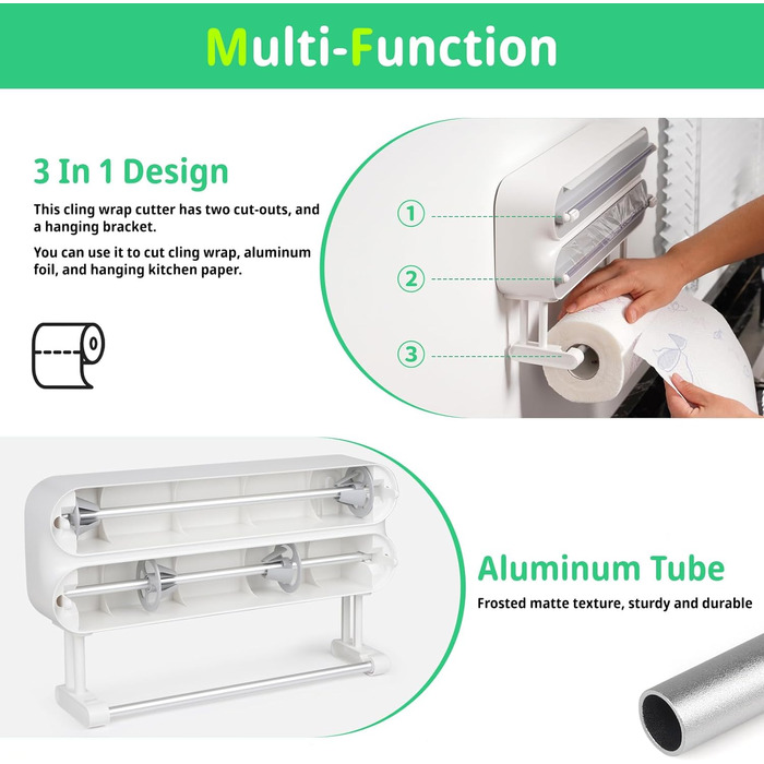 Настінний тримач рулону для кухні 3 рулони, магнітний, різак для харчової плівки, диспенсер з алюмінієвої фольги