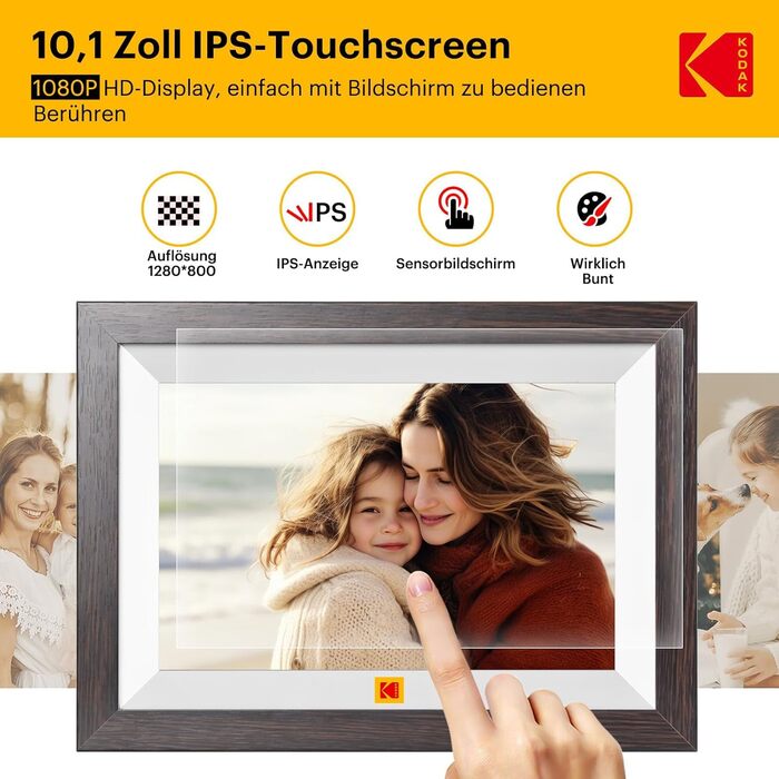 Цифровий фоторамка KODAK WiFi з сенсорним екраном IPS HD 10.1 дюйма, 32GB, автоматичне обертання, Wi-Fi, для стін, ділитися фотографіями звідусіль, темно-коричневий (білий каркас)
