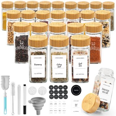 Набір скляних банок для спецій з дерев'яними кришками з акації, 24 шт по 120 мл