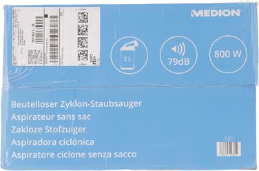 Циклонний пилосос MEDION 800 Вт потужність, ємність контейнера для пилу 2 літри, робочий радіус 5 м, миючий фільтр EPA E12, MD 19407, синій