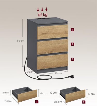 Приліжкові тумбочки VASAGLE Kailyn (2 шт.) з розетками, 3 шухляди, сірий + коричневий, LET831G01