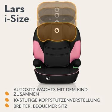 Автокрісло Lionelo Lars I-Size для дітей 100-150 см, група 2/3, з бічними захистом та регулюванням підголівника (Рожевий)