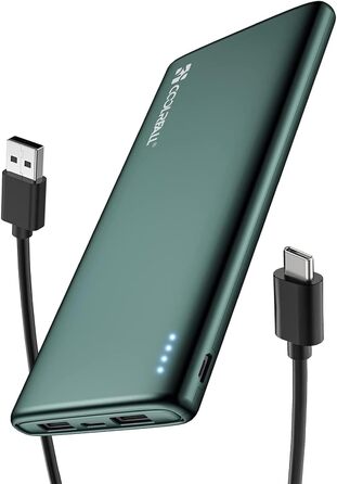 Портативний зарядний пристрій для смартфонів, чорний/зелений, 10000 mAh, USB C & 2 USB