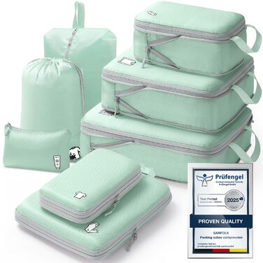 Набір органайзерів для подорожей у валізу з компресією, 8 водонепроникних пакувальних кубів для ручної поклажі та рюкзака, зелений колір