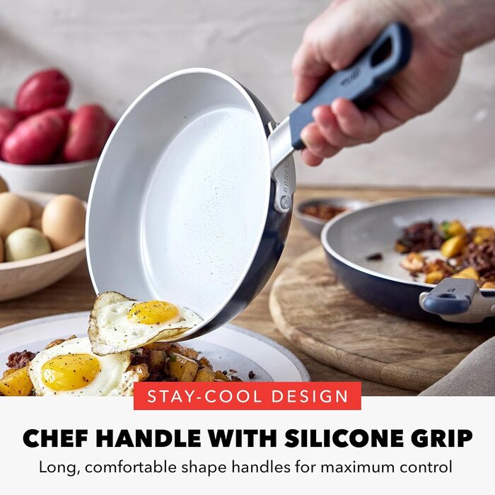 Набір сковорідок GreenPan x Bobby Flay, 20.3 см та 25.4 см, з антипригарним покриттям, без PFAS, діамантова кераміка, для індукційних плит, з силіконовою ручкою, легко миються, придатні для миття в посудомийній машині, блакитний Оксфорд