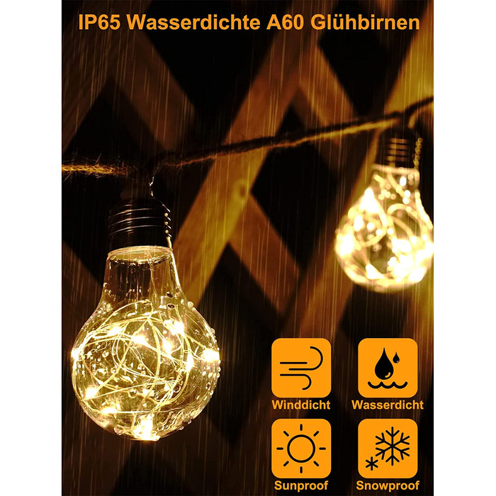 Світлодіодні гірлянди зовні і всередині, вінтажні 6-метрові теплі білі гірлянди зовні, що не б'ються 20 світлодіодних гірлянд A60
