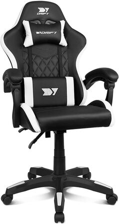 Ігровий крісло DRIFT GAMING DR35 – професійне, зі штучною шкірою, підлокітники з м'якою підкладкою, газліфт 3 класу, посилена база з нейлону, регульований нахил, регульована висота, подушки для попереку та шиї, чорно-сірий колір (Dr35 White)
