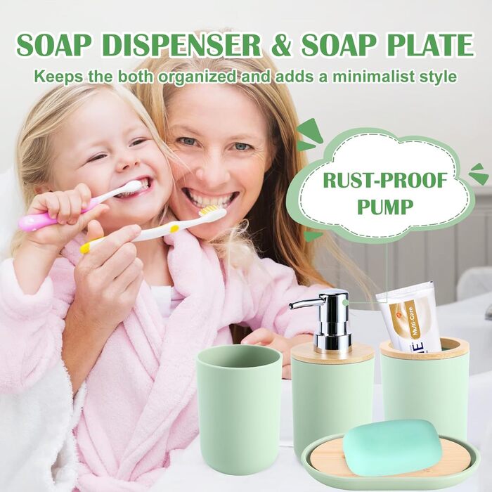 Набір аксесуарів для ванної кімнати iMucci: сміттєвий бак, щітка для унітазу, тримач для зубних щіток, диспенсер для лосьону/мила, мильниця, стакан для щіток, тримач для ватних паличок (бамбуковий), пастельно-зелений, 9 предметів