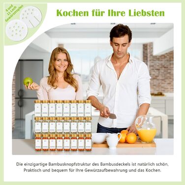 Набір бамбукових кришок для спецій | 12 скляних контейнерів для спецій з бамбуковими кришками | Організатор спецій для кухні | 120 мл