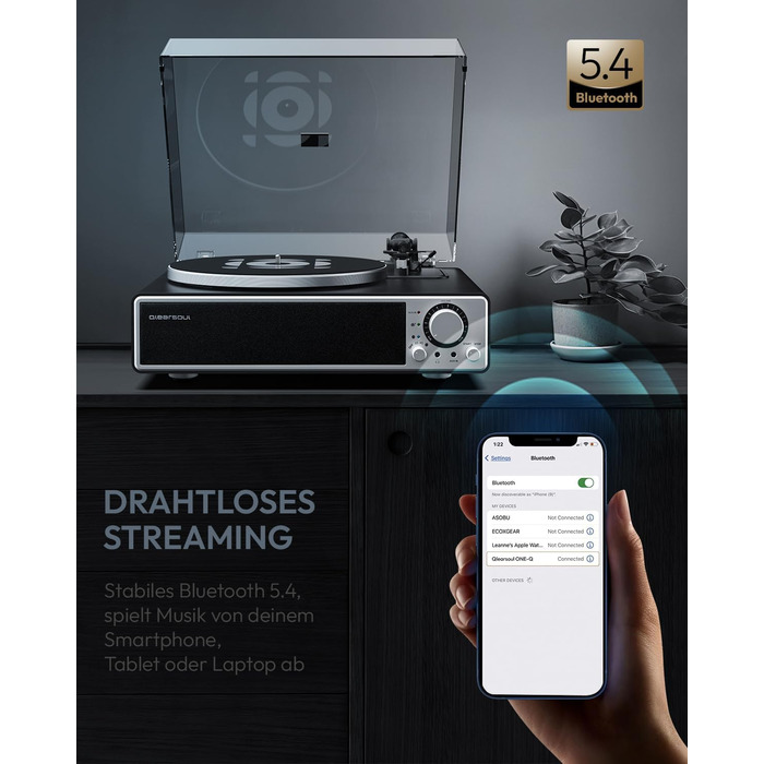 ONE-Q HiFi-програвач вінілу з Bluetooth, вбудованими динаміками, фонокоректором, магнітною голкою AT-3600L, 33/45 об/хв, чорний