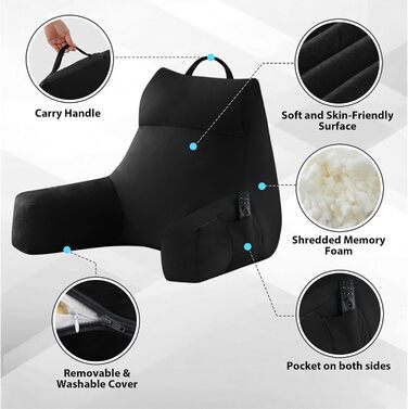 Подушка для читання з підлокотниками для дорослих, спинка для сидіння в ліжку, подушка з подрібненим пінополіуретаном з кишенями та знімним, пральним чохлом, для відпочинку, перегляду телевізора (Чорний, Стандартний L(20 дюймів))