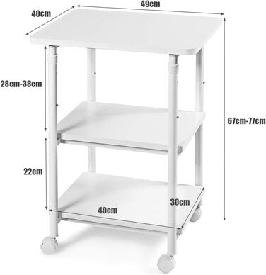 Підставка для принтера на колесах COSTWAY, регульована по висоті, 3 яруси, 49x40x67-77 см, біла