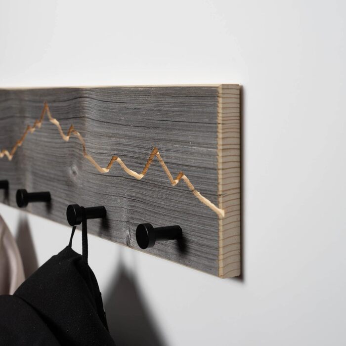 Вішалка для одягу WOODS з відновленої деревини з гірським мотивом ручна робота в Баварії Вішалка для одягу дерев'яна Настінна вішалка з гачком (85 см (7 гачків), чорні гачки)