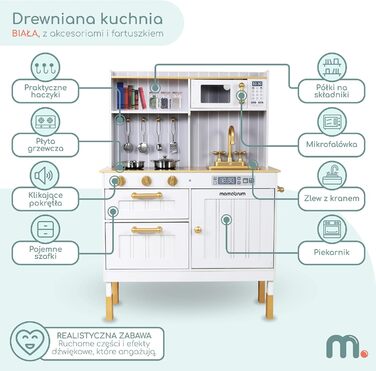 Дерев'яна дитяча кухня Mamabrum з LED-підсвічуванням - іграшковий кухонний набір з висотою, що регулюється, з приготуванням кубиків льоду, мікрохвильовою піччю, плитою та посудомийною машиною - іграшка для дітей від 3 років (Білий)