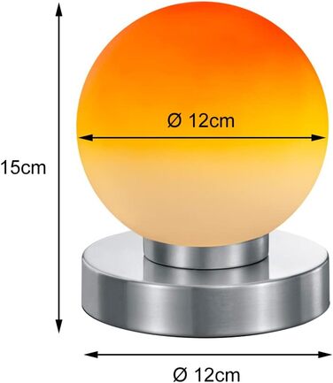 Невелика сенсорна настільна лампа висотою 15 см, скляна куля білого кольору, основа срібляста (настільна лампа нікель, скло помаранчеве)