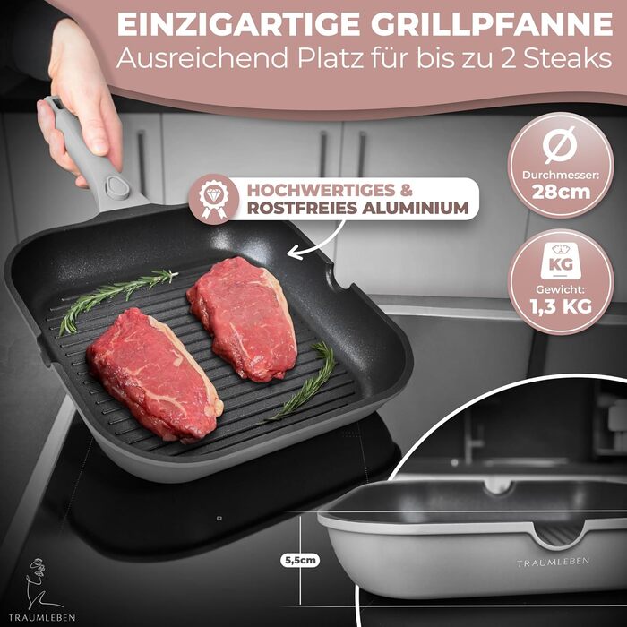 Сковорода-гриль NEU 28 см з виливом та знімним ручками, антипригарне покриття, PFOA-free, для індукції, жароміцна | сковорода з покриттям для грилю | сковорода для стейків (сіра)