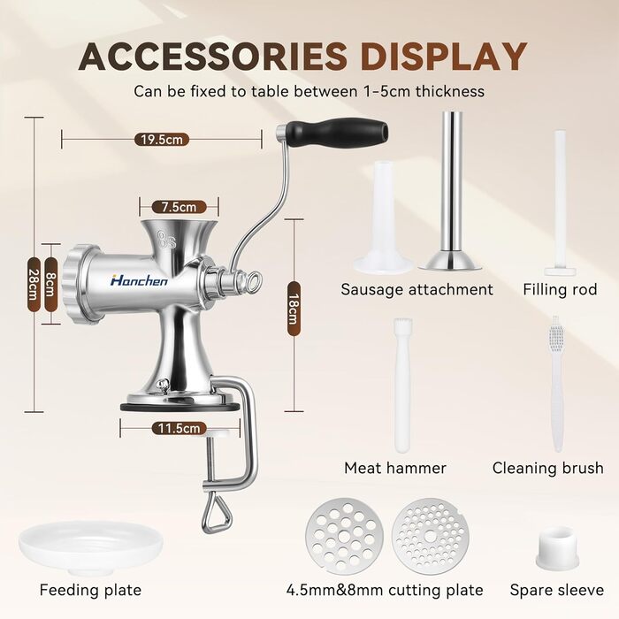 М'ясорубка ручна Hanchen з нержавіючої сталі з присоскою, насадкою для ковбас та 2 дисками, посудомийна, для м'яса та овочів