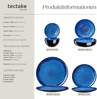 Набір посуду tectake® 30tlg. для 6 осіб, керамічний, з тарілками, мисками та чашками, придатний для миття в посудомийній машині та використання в мікрохвильовці - (24 шт., Nautic Blue)