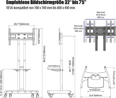 Підставка для телевізора Invision на колесах для екранів 32-75 дюймів, мобільна, регульована по висоті, до 45.5 кг, VESA 600x400, GT1200 ScreenStation