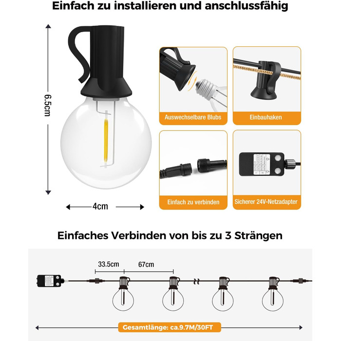 LED гірлянда для декорування вулиці, 15 метрів, димер, таймер, тепле світло G40, вологостійка, для саду, балкону, вечірки, павільйону, тераси