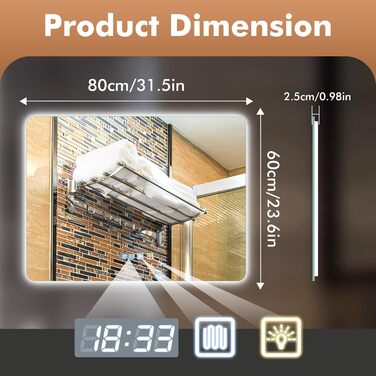 Дзеркало для ванної кімнати Sararoom з підсвічуванням, кругле LED дзеркало 600 мм, дзеркало для ванної кімнати з підсвічуванням, 3 кольори світла, регулювання яскравості, загартоване скло, функція пам'яті, запобігання запотіванню (прямокутне 80 x 60 см)