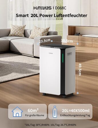 Електричний осушувач повітря HUMILABS 20L з Wi-Fi, для приміщень до 60 м², з гофрованим шлангом, резервуар 4,5л, 3 режими, таймер 24г, білий
