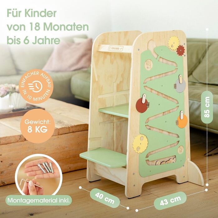 Дерев'яний навчальний столик-лесенка EXPLORER Kids® Montessori 5-в-1 | Регульована висота, захист від падіння, захист від перекидання | Розвиває моторику, цифри та форми | Білий та салатовий кольори | Для дітей від 1 року