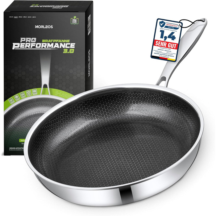 Сковорода Morleos з керамічним покриттям 32 см без PFAS та PTFE | Сковорода-пательня з стільниковою структурою | 5-шарова, 3 мм, 1,67 кг | Преміум-якість для індукційних плит | Антипригарна, для духовки та посудомийної машини