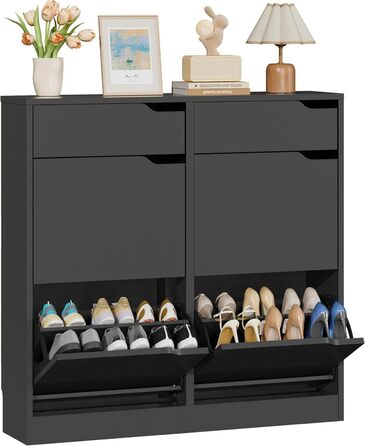 Шкаф для взуття IRONCK з 4 дверцятами, вузький, з 2 висувними ящиками, окремо стоячий, з регульованими перегородками, для передпокою, входу та вітальні (Білий) Білий (100x23.5x98см, Чорний)