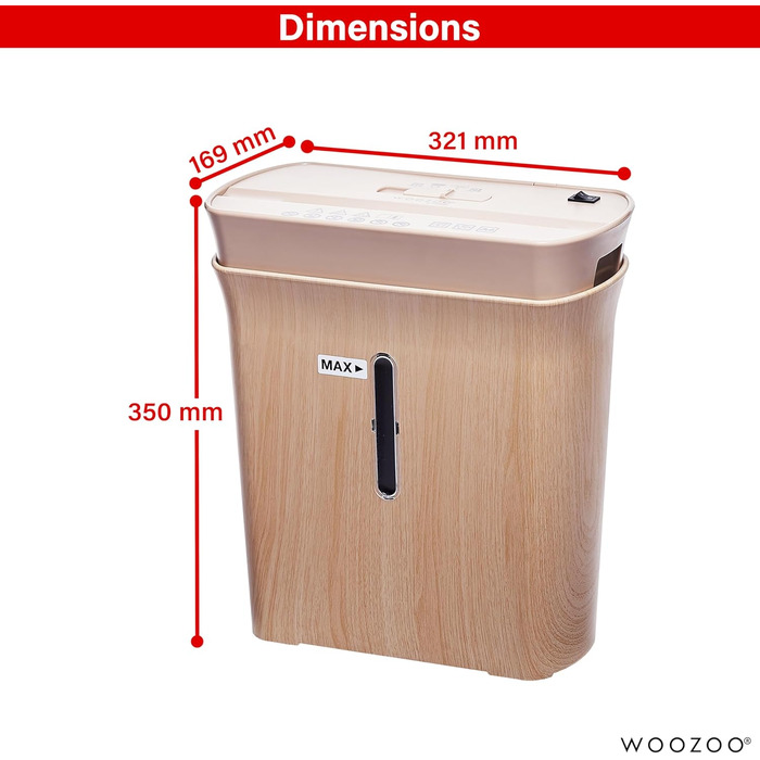 Шредер для документів Woozoo P8GCD, 8 листів, перехресний різання, 8.9L, A4, дерев'яний