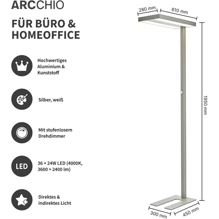 Світлодіодний офісний торшер Arcchio з регулюванням яскравості, Uplight & Downlight, 6000 лм, 4000K, срібло