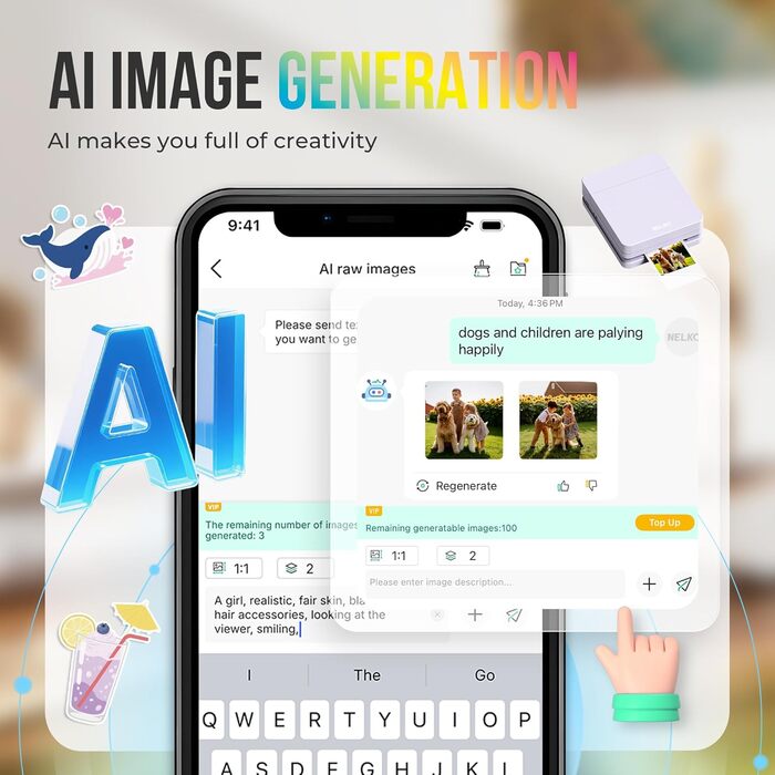 Портативний міні-фотопринтер Nelko PP01: кольоровий, для смартфонів iOS & Android, з 20 паперами, наклейки, AI APP, фіолетовий