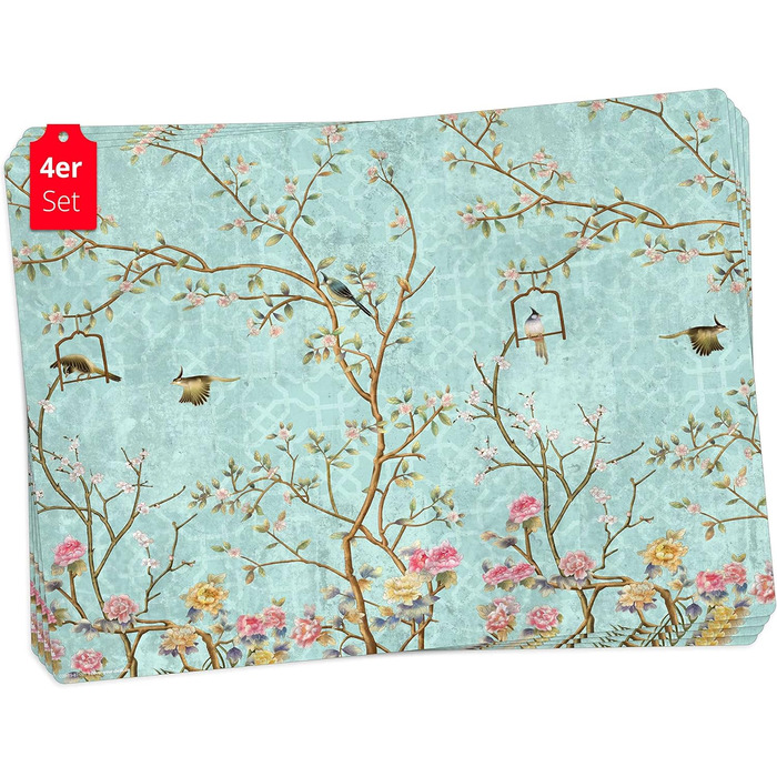 Набір килимків на стіл | Килимок для столу, миється - Квітковий вінтажний мотив з птахами - з високоякісного вінілу (пластик, BPA-free) - 4 шт. - Антиковзка підставка для столу - Килимок на стіл - Зроблено в Німеччині