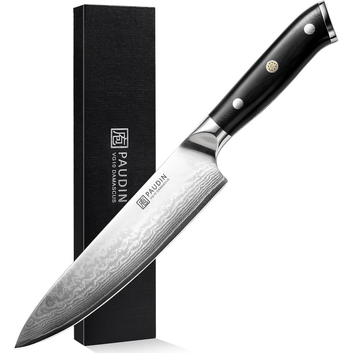 PAUDIN Profi: Ніж кухонний з лезом з нержавіючої сталі, 20 см, Дамаск, Ергономічна ручка, для професійних та аматорських кухарів, подарунок