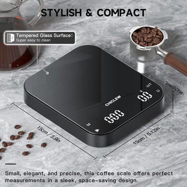Електрична кавова вага CHICLEW з таймером, 3 кг/0,1 г, для еспресо та Pour-Over, 3 режими, 6 одиниць вимірювання, портативна, з датчиком сили тяжіння, чорна