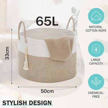YOUDENOVA Плетіний кошик для білизни великий 65л, кошик для зберігання, кошик для ковдр, іграшок, для вітальні, дитячої кімнати, коричневий 50x33 см