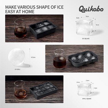 Форма для кубиків льоду Quikobo силіконові комбіновані форми-набір з 3, кульковий льодогенератор, великі кубики і шестикутні форми для льоду з кришками, гнучка форма для кубиків льоду для віскі, сертифікована за стандартом LFGB і не містить бісфенолу А (к