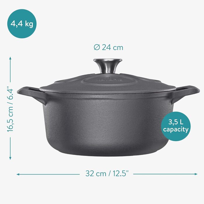 Наварис чавунна каструля для запікання Каструля для приготування їжі об'ємом 3,5 л - Ø 24 см, емальована жаровня, термостійка - для всіх продуктів і поверхонь для приготування їжі