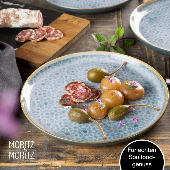 Набір посуду Moritz & Moritz TERRA на 6 осіб: 6 тарілок, 6 десертних тарілок, 6 мисок (Азурний блакитний)