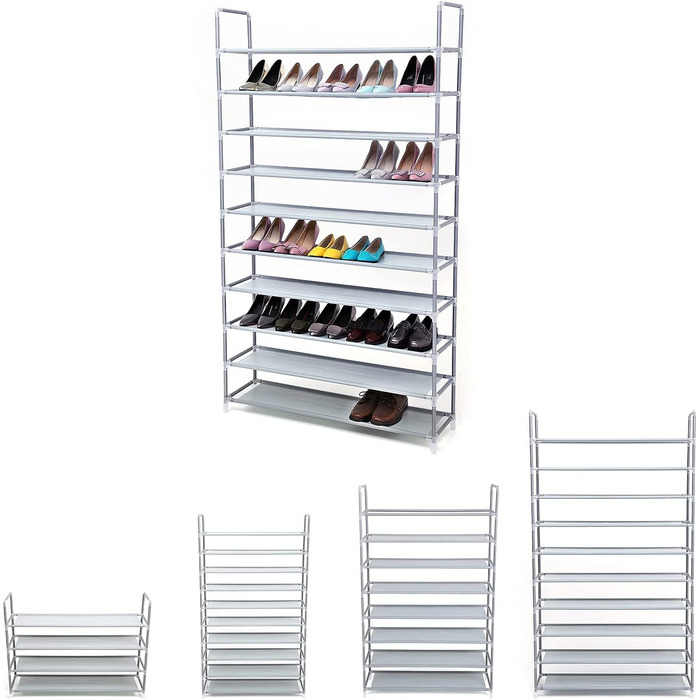 Полиця для взуття SONGMIC з 10 рівнями, місце для зберігання взуття, органайзер, що вміщає до 50 пар взуття, для вітальні, вбиральні та передпокою, нетканий матеріал, 100 x 29 x 175 см, LSR10H (сірий)