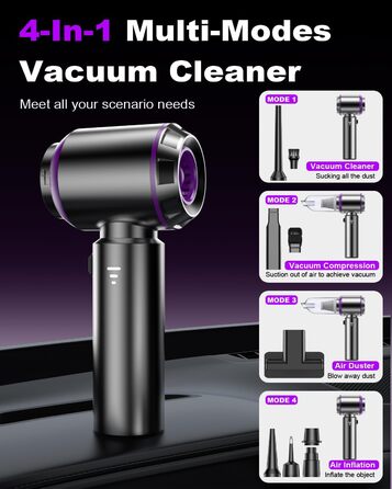 Акумуляторний ручний пилосос KITBEZN для авто та дому, безщітковий двигун, 26000Па, 3 режими потужності, бездротовий, фіолетовий