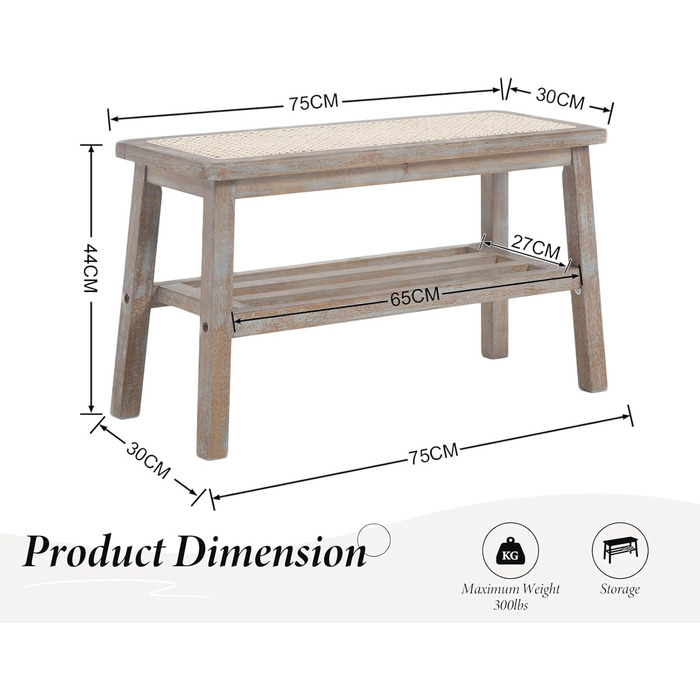 Лавка для взуття Wahson з ротанга, 2 яруси, сільський стиль, 30x75x44 см, натуральне дерево